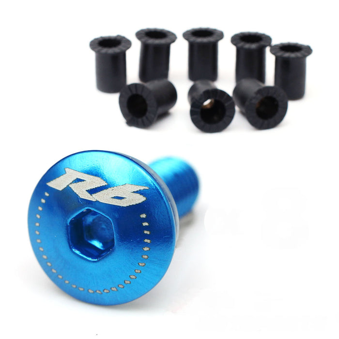 Set of CNC Yamaha YZF R6 windscreen bolts with engraved MC Motoparts logo, designed for R6 and R6S models, black finish.