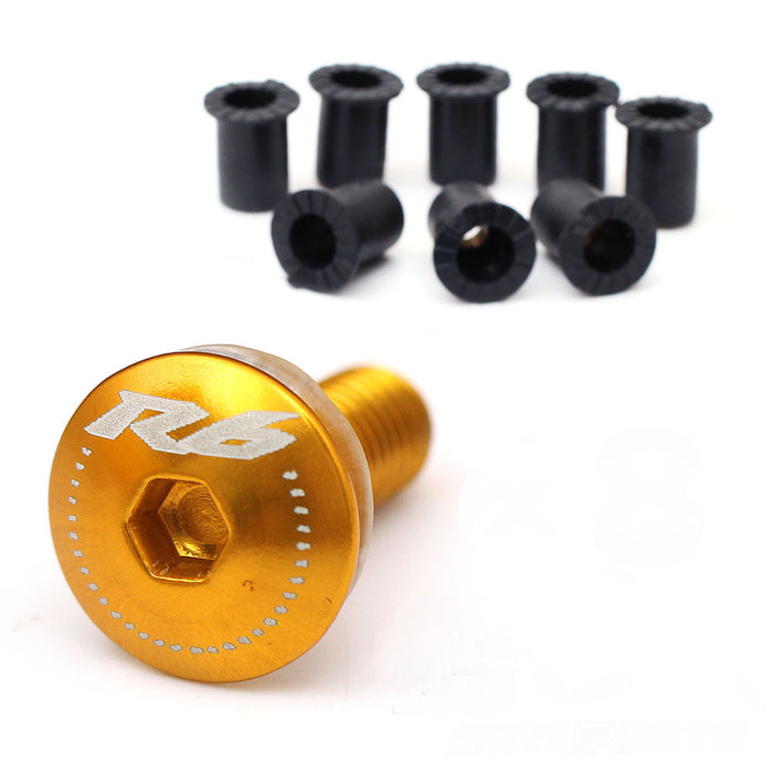 Set of CNC Yamaha YZF R6 windscreen bolts with engraved MC Motoparts logo, designed for R6 and R6S models.