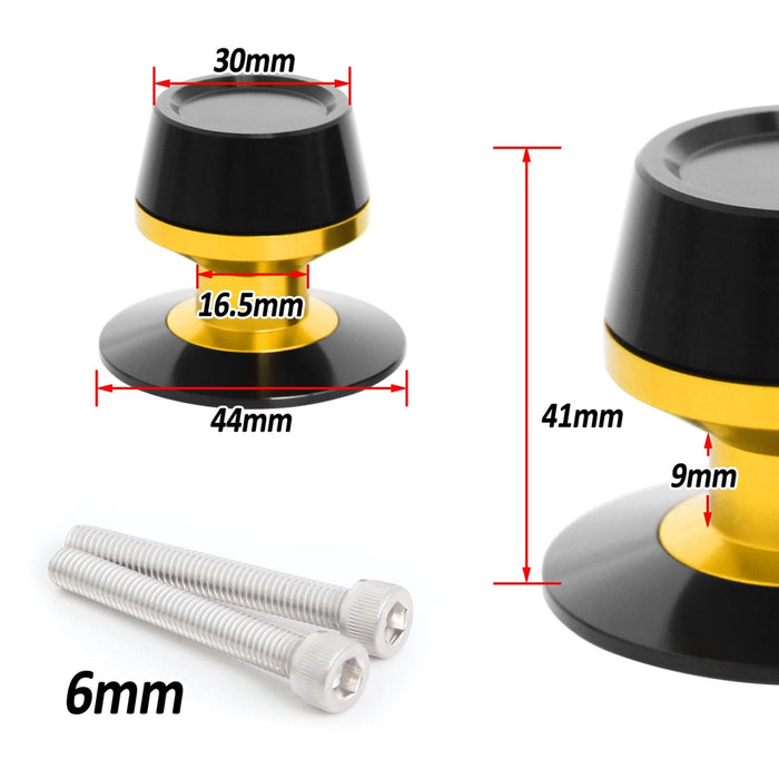 Yamaha YZF R6 R6S swingarm spools with engraved MC Motoparts logo, 6mm size, mounted on motorcycle swingarm.