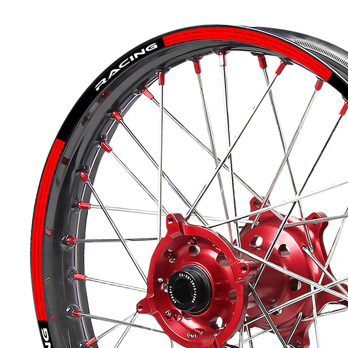 Red MX dirt bike rim skin stickers for Aprilia RXV 450 2008-2009, wheel decals by StickerBao on motorcycle wheels.