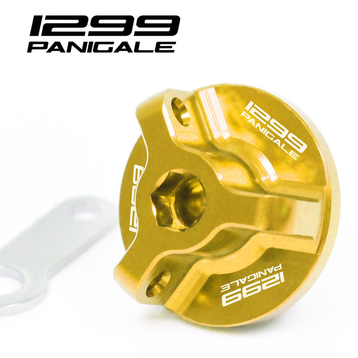 Ducati 1299 Panigale oil filler cap by MC Motoparts with engraved logo, metallic finish, fits 2015-2019 models.