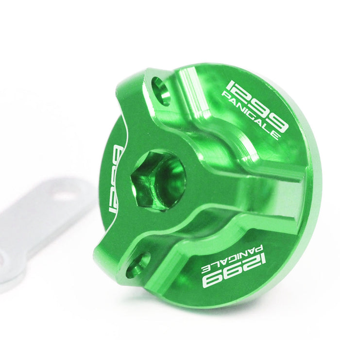 Ducati 1299 Panigale S oil filler cap by MC Motoparts with engraved logo, made of durable metal for engine oil filling.