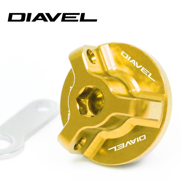 MC Motoparts engraved oil filler cap with Ducati Diavel logo for 2010-2017 Carbon model, shown on a motorcycle engine.