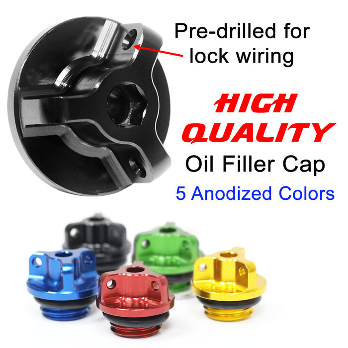MC Motoparts engraved black oil filler cap for Honda CB1000R, CB500X, CB500F, and CB600F motorcycle engines.
