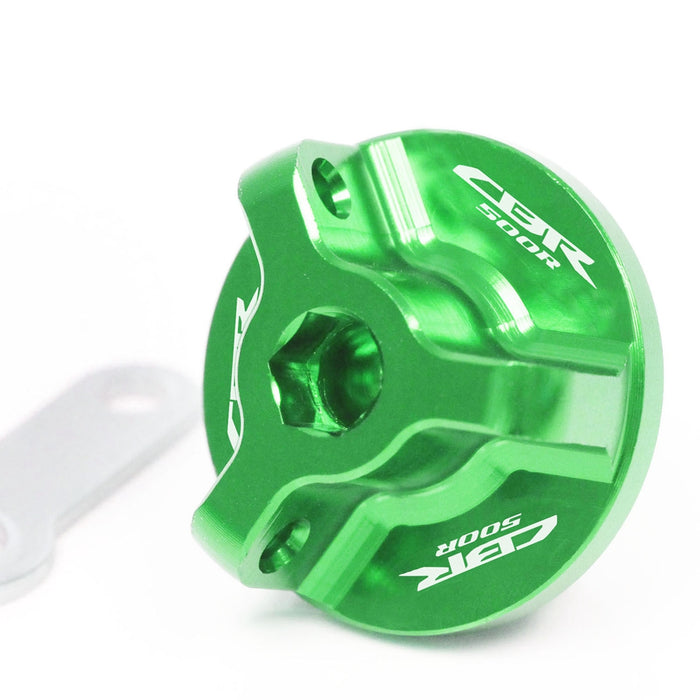 MC Motoparts oil filler cap with engraved logo for Honda CBR500R 2013-2025, shown with close-up of the cap's design.