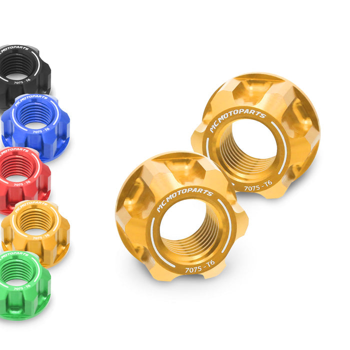 Set of four MC Motoparts billet M10 rear sprocket nuts for Honda Monkey 125, Grom 125, and Z125M with spoke wheels.