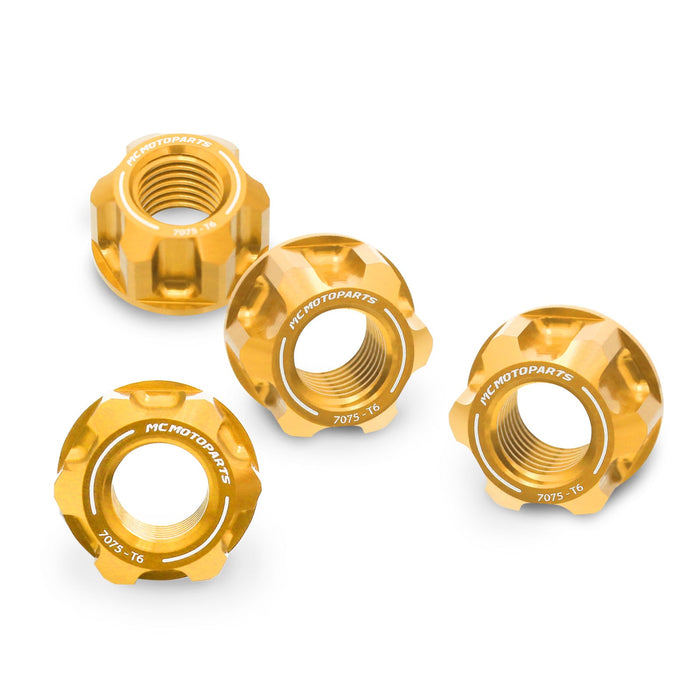 Set of four MC Motoparts billet M10 rear sprocket nuts for Honda Monkey 125 Z125M Grom 125 motorbikes, designed for secure wheel assembly.