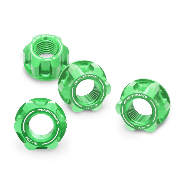Set of four MC Motoparts billet M10 rear sprocket nuts for Honda Monkey 125, Grom 125, and Z125M motorcycle with spoke wheels.