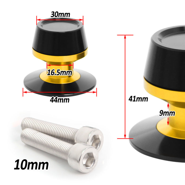 Kawasaki ER6F ER6N Ninja 650R swingarm spools by MC Motoparts, 10mm size, mounted on motorcycle swingarm for track or repair use.