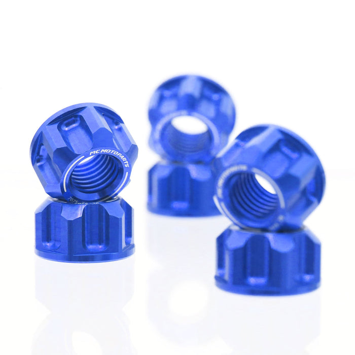 Six MC Motoparts billet M8 rear sprocket nuts for MV Agusta F3 and F4 motorcycles, designed for secure sprocket attachment.