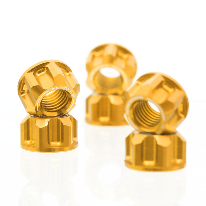 Set of six MC Motoparts billet M8 rear sprocket nuts for MV Agusta F3 675 and F4 1000 motorcycle models.
