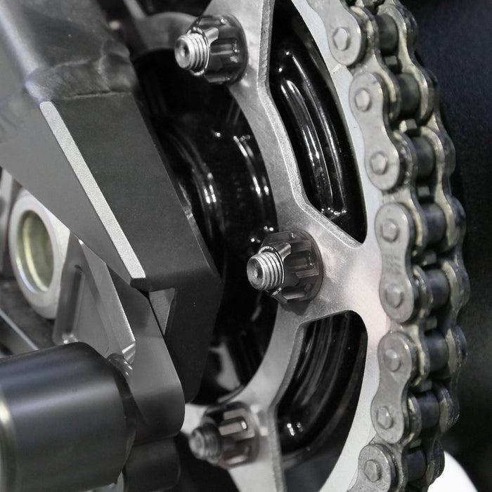Six black billet M8 rear sprocket nuts for MV Agusta F3 and F4 motorcycles, compatible with MC Motoparts sprocket systems.