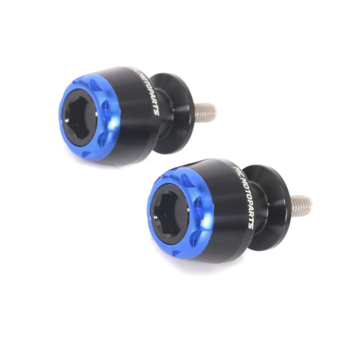 MC Motoparts swingarm spools for Suzuki Hayabusa GSX650F GSXR1000 GSXS1000F, 8mm diameter, mounted on motorcycle swingarm.