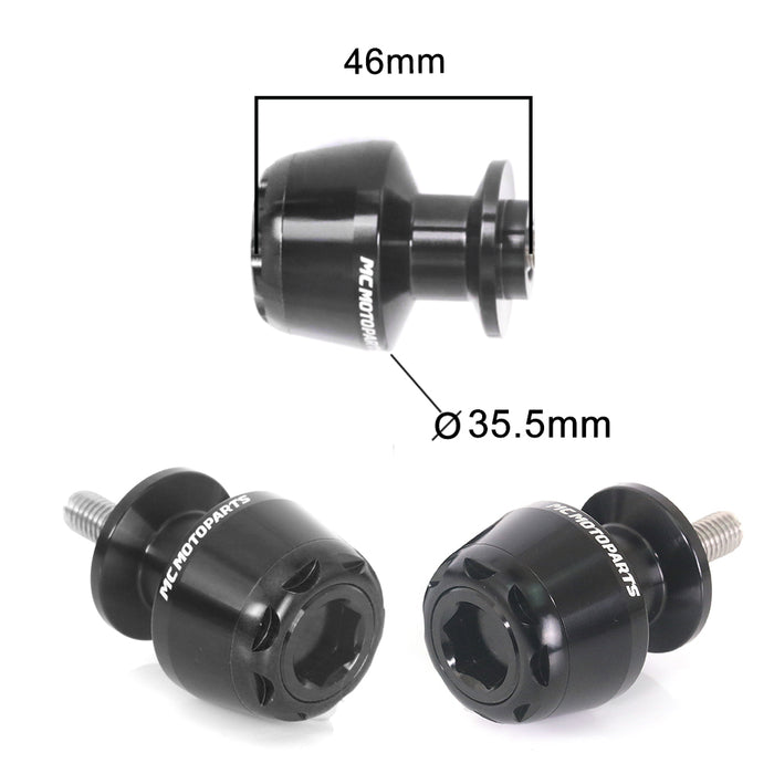 Black MC Motoparts 8mm swingarm spools for Suzuki Hayabusa, GSX650F, GSXR1000, GSXS1000F motorcycle, mounting points visible.