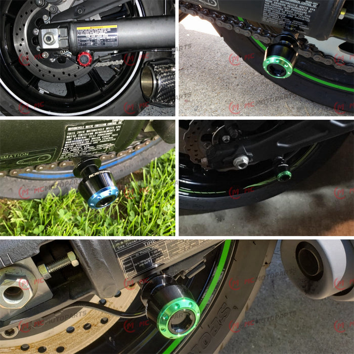 MC Motoparts swingarm spools for Suzuki Hayabusa, GSX650F, GSXR1000, GSXS1000F, with 8mm mounting and stainless steel finish.
