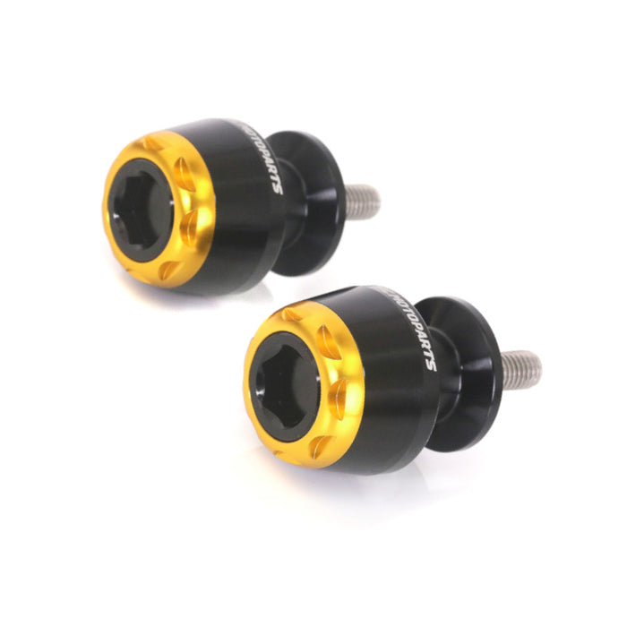 MC Motoparts 8mm swingarm spools for Suzuki Hayabusa GSX650F GSXR1000 GSXS1000F, shown installed on motorcycle swingarm.