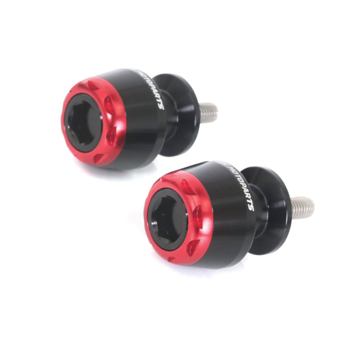 MC Motoparts 8mm swingarm spools for Suzuki Hayabusa, GSX650F, GSXR1000, GSXS1000F motorcycle, mounted on swingarm.