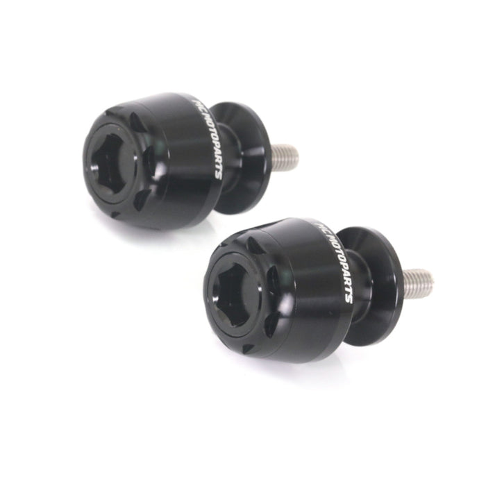 Black MC Motoparts 8mm swingarm spools for Suzuki Hayabusa, GSX650F, GSXR1000, and GSXS1000F motorcycle rear wheel support