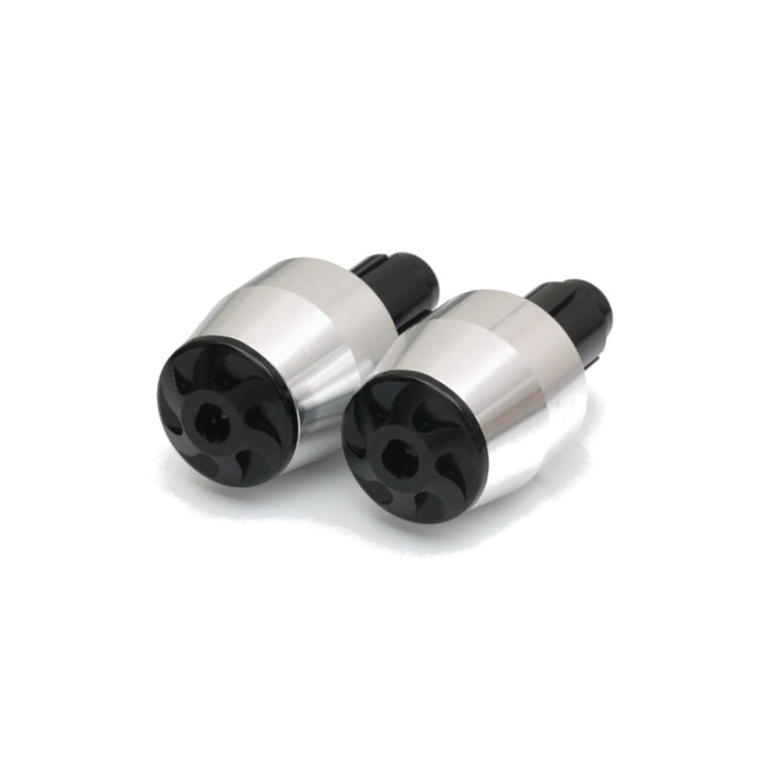 CNC Machined black and silver bar ends for Triumph Daytona 675 Street Triple 675 motorcycle, designed by MC Motoparts.
