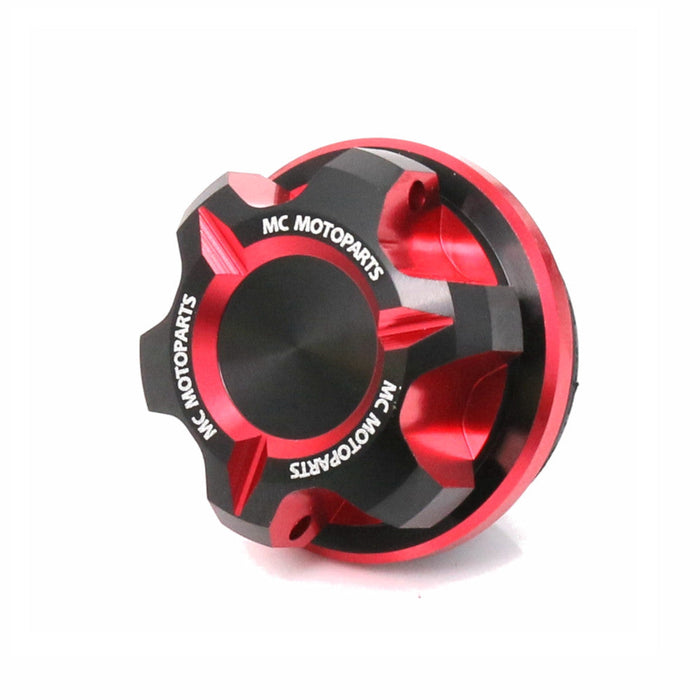 CNC oil filler cap for Yamaha Tracer 9 GT, XSR900, MT-09, and FZ09 motorcycles by MC Motoparts, black and red finish