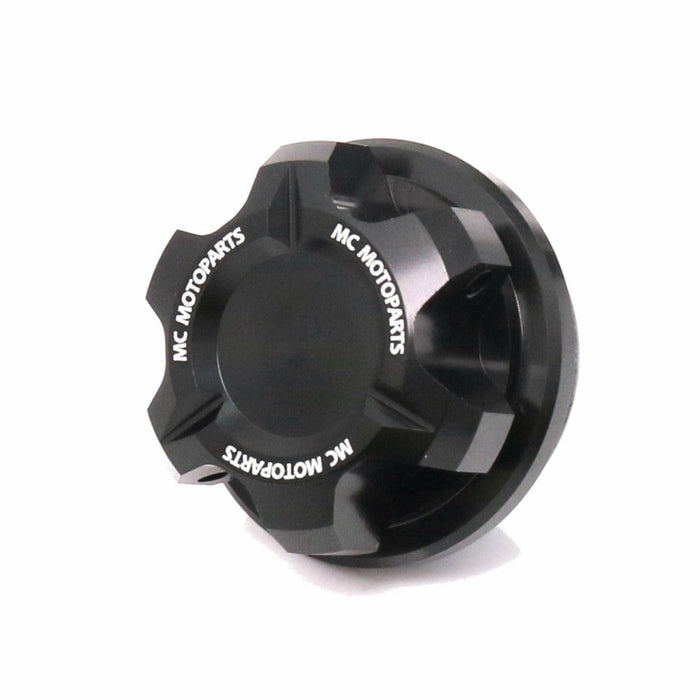 MC Motoparts CNC oil filler cap for Yamaha Tracer 9 GT, XSR900, MT-09, FZ09, and T-Axis models, black metal finish.