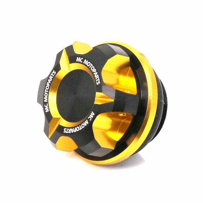CNC oil filler cap for Yamaha Tracer 9 GT, MT-09, FZ09, and XSR900 motorcycles, black and gold finish, MC Motoparts.