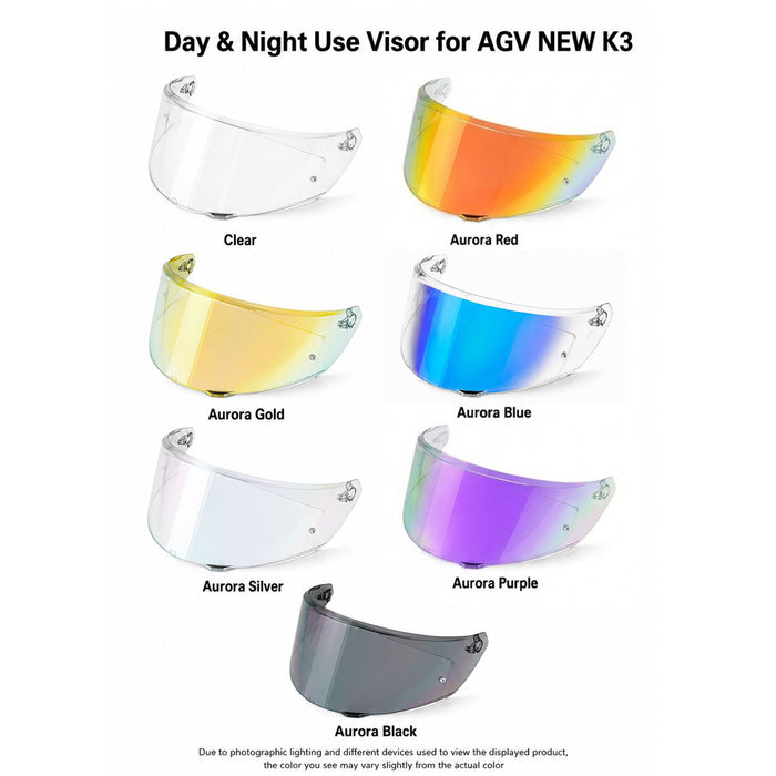 Light tint and clear helmet visor for AGV K3 E2206 helmet by MC Motoparts, suitable for day and night riding.