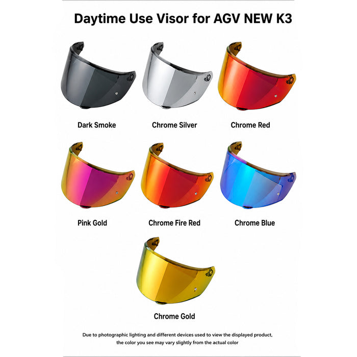 Tinted and spectra mirror finish helmet visor for AGV K3 E2206 helmet, designed for daytime riding, by MC Motoparts.