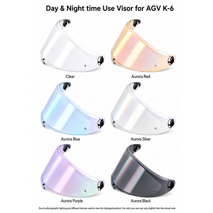 Light tint and clear helmet visor for AGV K6/K6S helmets, suitable for day and night riding, by MC Motoparts.