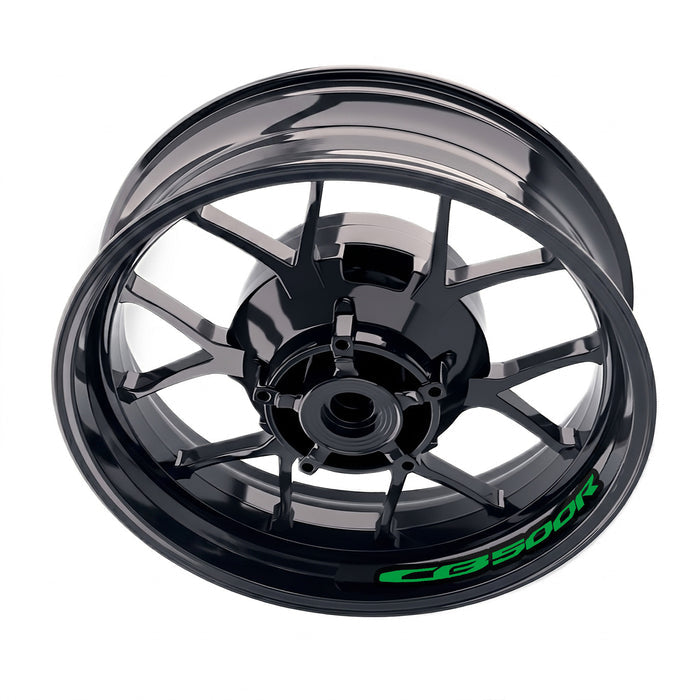 Honda CB500R inner rim sticker set with wheel decals, featuring bike-specific design from StickerBao on a motorcycle wheel.