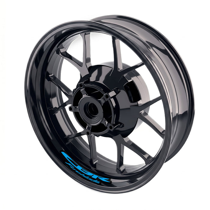 Honda CBR Fireblade wheel sticker set with bike model-specific rim decals, featuring bold red and black design on alloy wheels.
