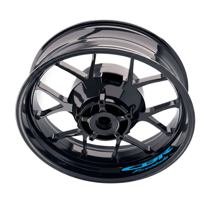 Honda CBR Fireblade wheel stickers and rim decals set by StickerBao, featuring bike model-specific blue and white inner rim decals.