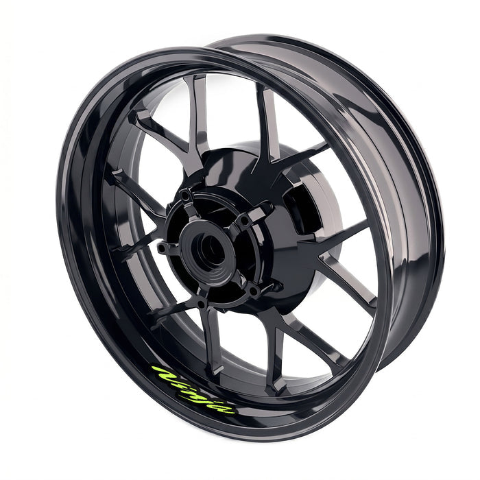Kawasaki Ninja ZX-10R wheel stickers and rim decals set by StickerBao, featuring model-specific inner rim decal design on a motorcycle wheel.