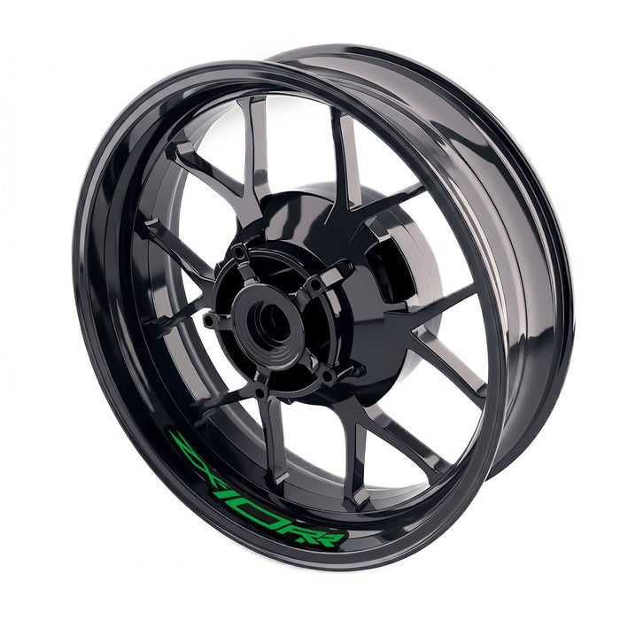 Kawasaki ZX10RR Ninja wheel rim sticker set by StickerBao, featuring bike-specific decal designs on black alloy wheels.