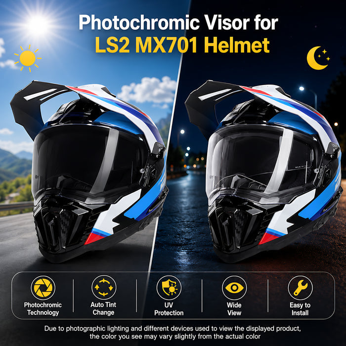 Photochromic LS2 Explorer helmet visor by MC Motoparts, transitioning from clear to dark for versatile riding visibility.