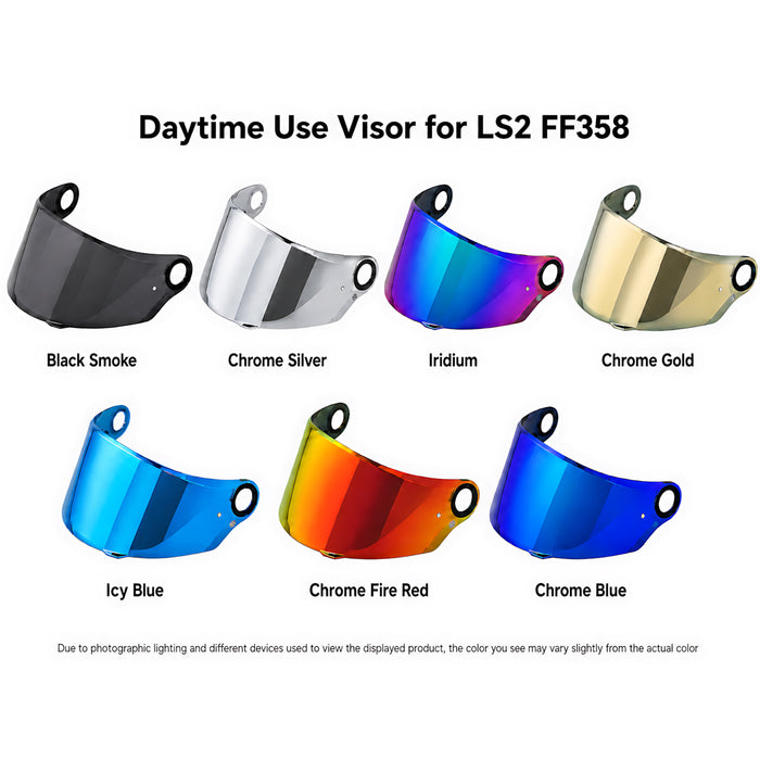Tinted helmet visor for LS2 FF396, FF358, and FF300 helmets by MC Motoparts, with spectral mirror finish for daytime use.
