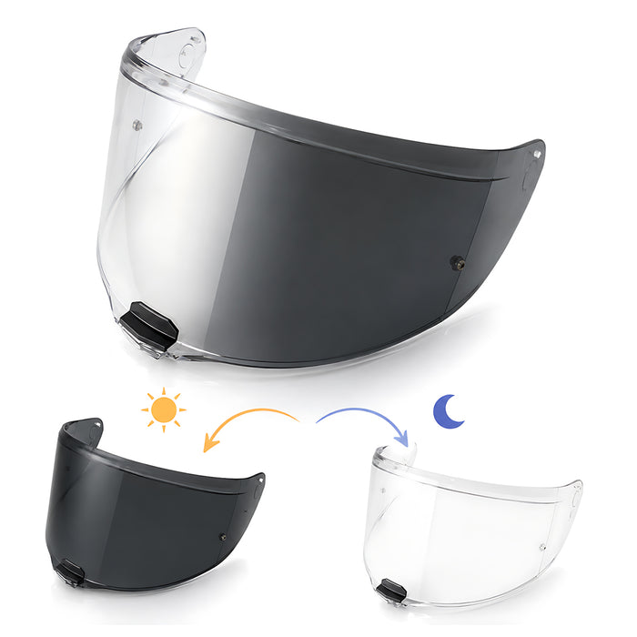 Photochromic LS2 Vector 2 Citation 2 helmet visor by MC Motoparts, clear to dark transition, shown on helmet.