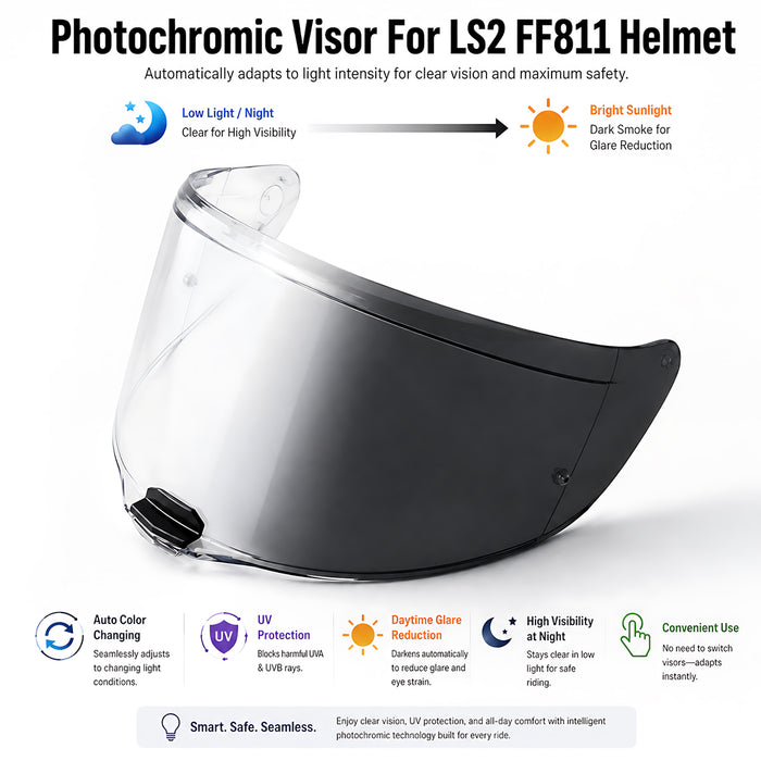 Photochromic helmet visor for LS2 Vector 2 Citation 2, clear to dark transition, designed for LS2 FF811 motorcycle helmet.