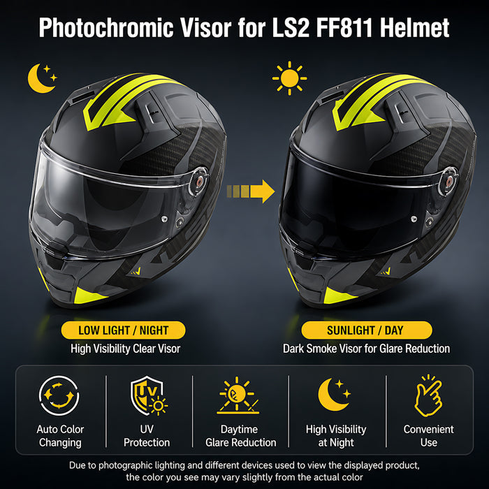 Photochromic LS2 Vector 2 Citation 2 helmet visor by MC Motoparts, clear to dark transition, shown on helmet.