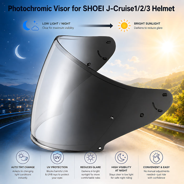 For Shoei J-Cruise1/2/3 J-Force 4 Replacement Visor (CJ-2/CJ-2SP) - Photochromic Visor – Clear to Dark Transition