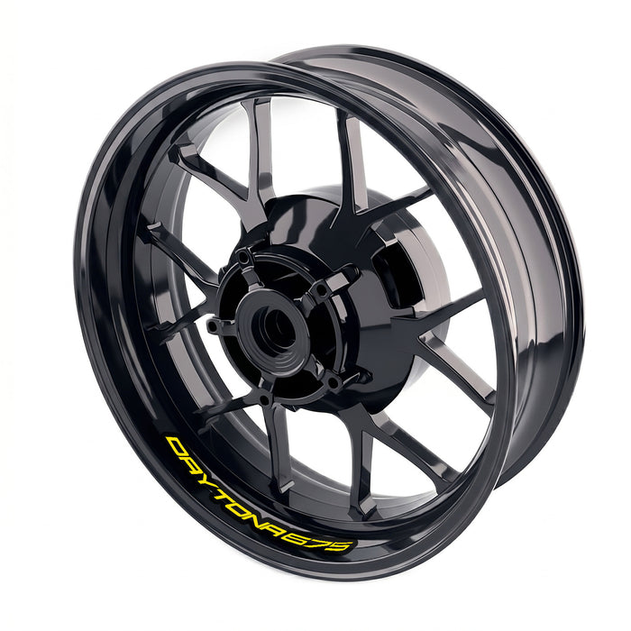 Triumph Daytona 675 R wheel stickers and rim decals by StickerBao, featuring bike-specific inner rim design on a motorcycle wheel.