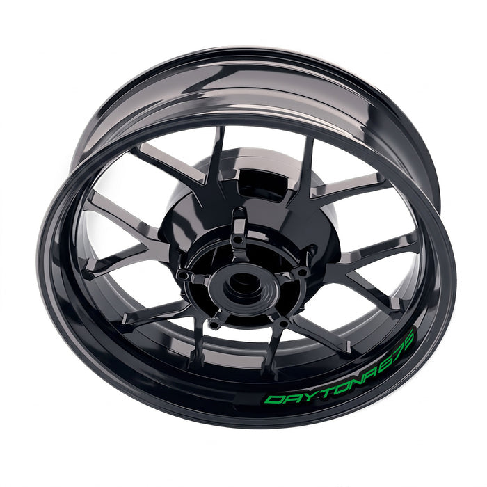 Triumph Daytona 675 R wheel rim decal set by StickerBao, bike-specific inner rim stickers on motorcycle wheel with decals.