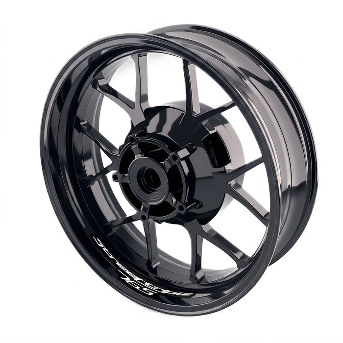 Triumph Street Triple 765 R/RS inner rim sticker set by StickerBao, bike-specific wheel decals on a motorcycle wheel.