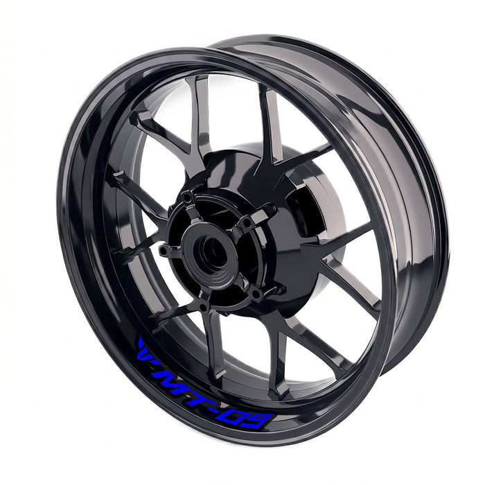 Blue Yamaha MT09 inner rim sticker set showing bike-specific wheel decals on a motorcycle wheel.