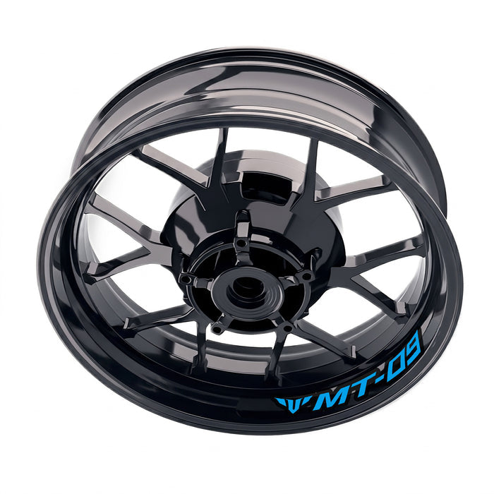 Yamaha MT09 inner rim sticker set from StickerBao, bike model-specific wheel decals on a black motorcycle rim.