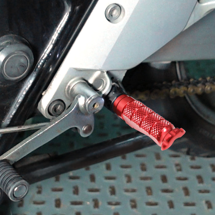 Front view of MC Motoparts standard foot pegs installed on Aprilia Mana 850 and RSV4 R-FIGHT motorcycle.