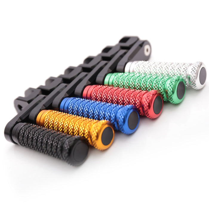Black 40mm extension foot pegs for Aprilia Tuono V4 R, 125, 660, 1000 models, made by MC Motoparts, adjustable pole design.