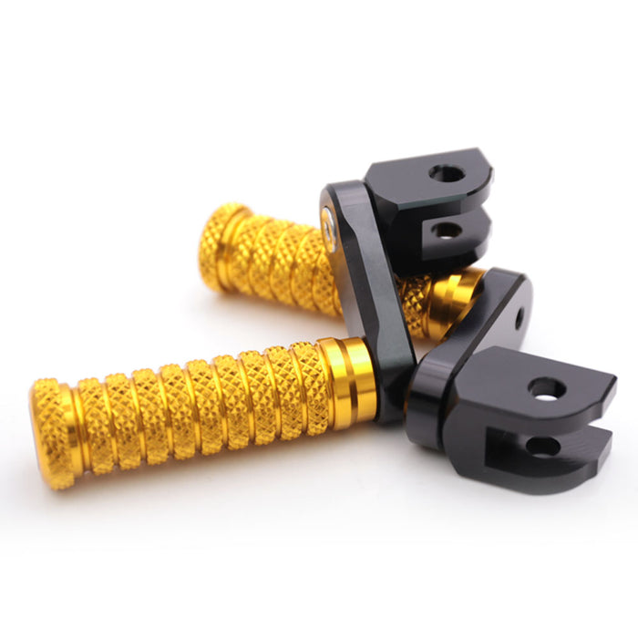 Front view of MC Motoparts 40mm extension foot pegs for Aprilia Tuono 125, 660, 1000 V4R with adjustable pole, durable metal construction.