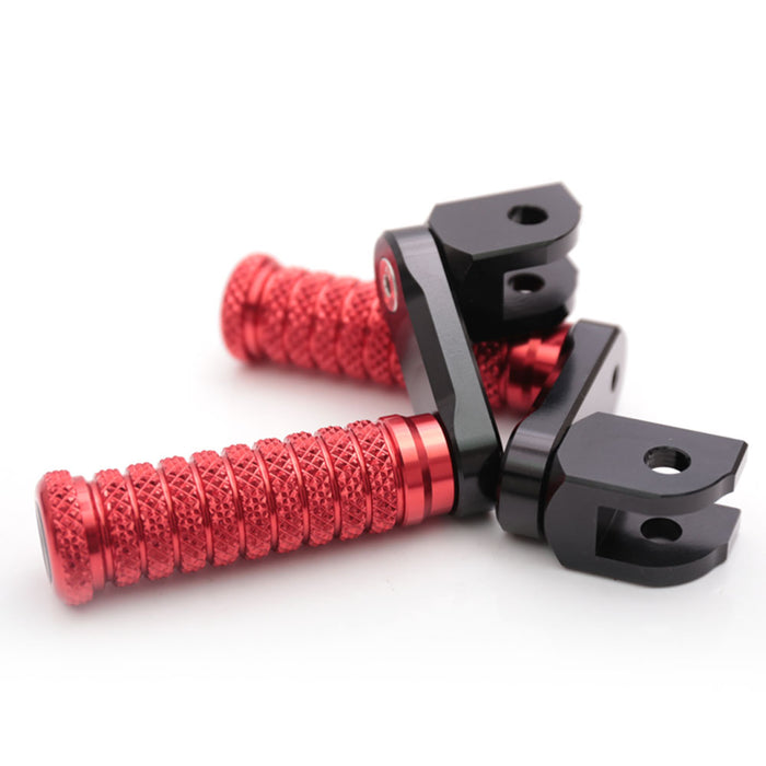 Front view of MC Motoparts 40mm extension foot pegs for Aprilia Tuono 125 660 1000 V4R motorcycle, featuring adjustable pole design.