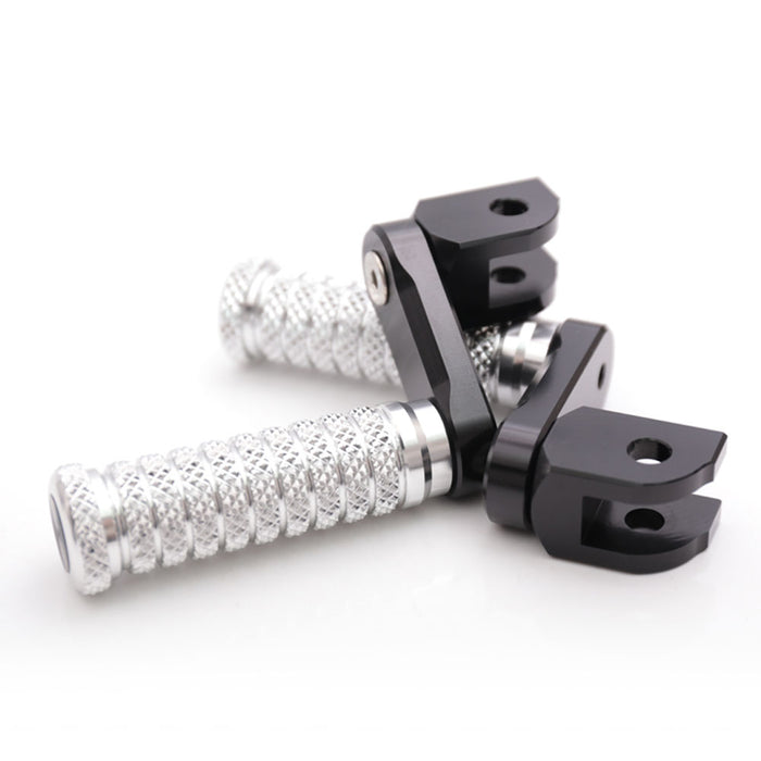 Front view of MC Motoparts 40mm extension foot pegs for Aprilia Tuono 125, 660, 1000 V4R motorcycle, adjustable pole design.